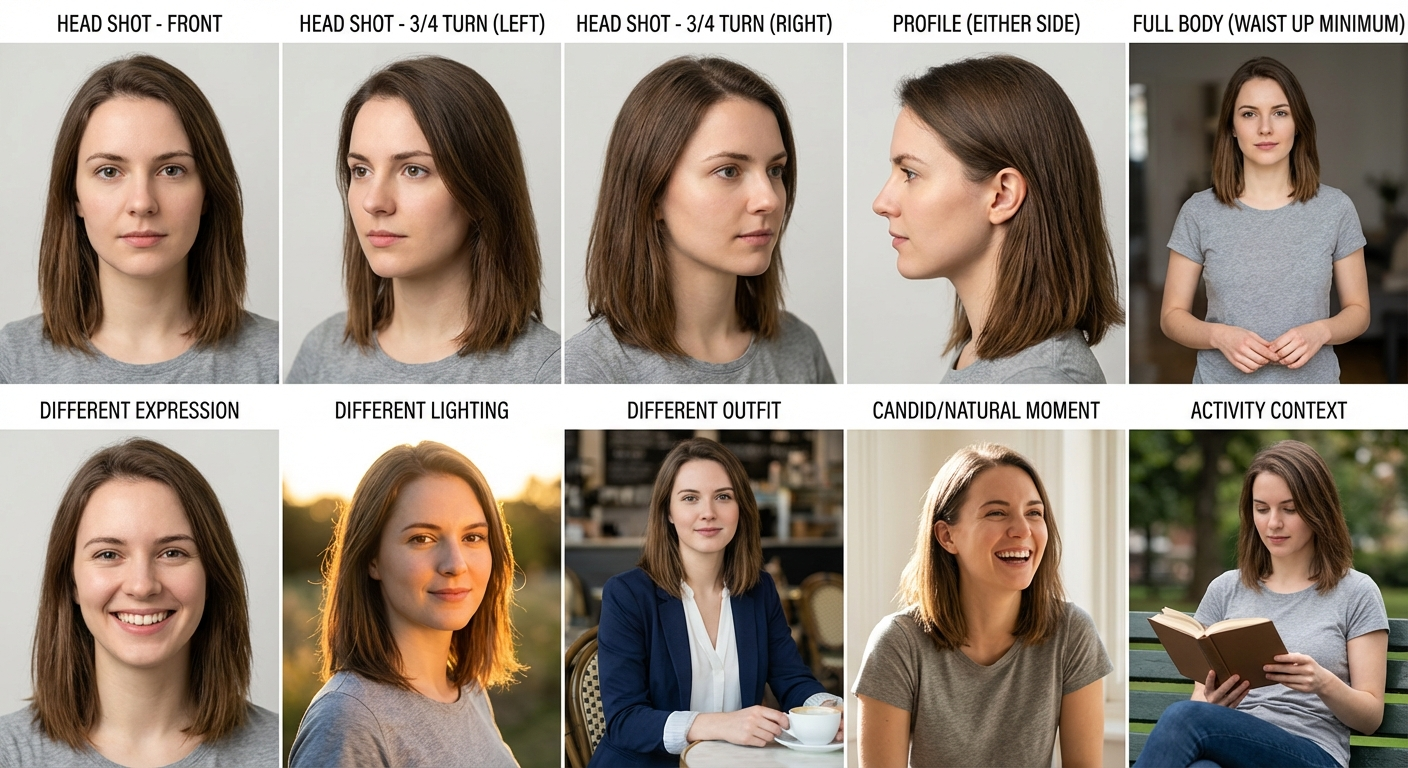 Example of an ideal reference photo set showing various angles, expressions, and lighting